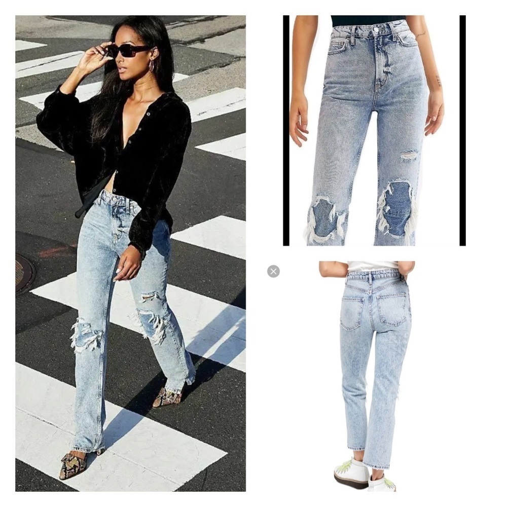 NEW FREE PEOPLE Revolve Light Wash Distressed High Rise Straight Leg Jeans Sz 27